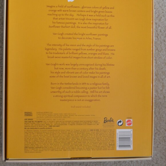 LE NRFB SUNFLOWER VINCENT VAN GOGH ARTIST SERIES BARBIE DOLL 19366 - Picture 4 of 4